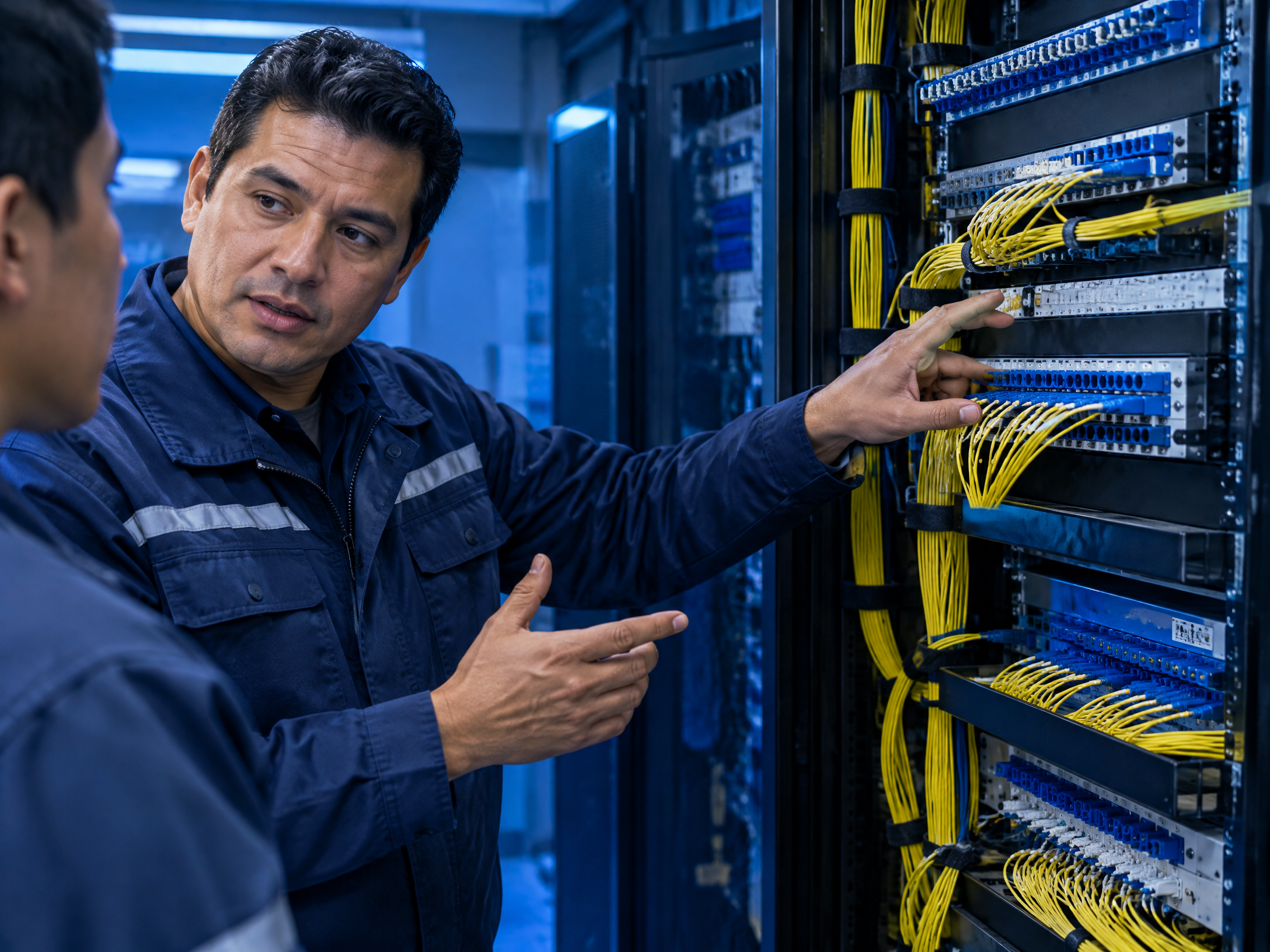 Profesional de telecomunicaciones explicando conexiones de fibra óptica junto a un rack de red